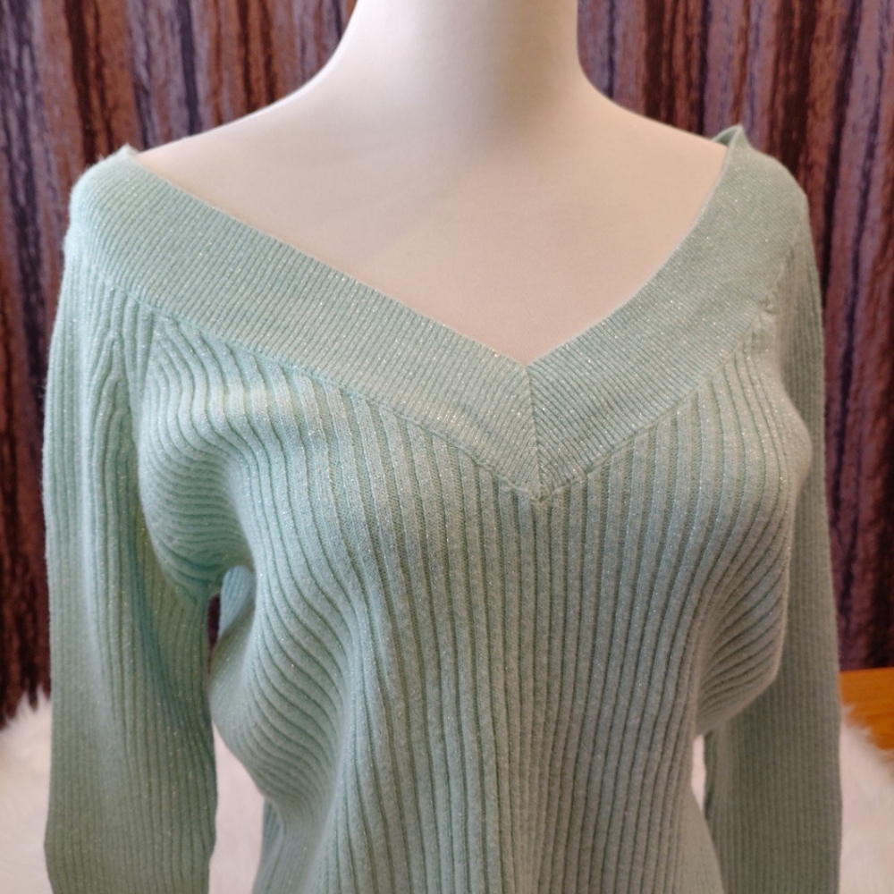 NY&CO V NECK SWEATER OFF THE SHOULDER SEAFOAM BLUE GREEN METALLIC WOMEN X-LARGE